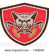 Vector Clip Art of Retro Wild Hog Boar Head Biting Crossed Polo Mallets in a Brown White and Red Shield by Patrimonio