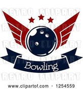 Vector Clip Art of Retro Winged Bowling Ball with Stars over a Banner by Vector Tradition SM