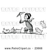 Vector Clip Art of Retro Woma Holding an Umbrella, Surrounded by Her Cats by Prawny Vintage