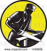 Vector Clip Art of Retro Woodcut 19th Century Carpenter Sawing Wood in a Yellow Circle by Patrimonio
