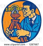 Vector Clip Art of Retro Woodcut Ale Surveyor Using a Theodolite Instrument in a Blue and Orange Oval by Patrimonio