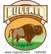 Vector Clip Art of Retro Woodcut American Bison in an Oval with Hills and Sun Rays Under Buffalo Text by Patrimonio