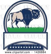 Vector Clip Art of Retro Woodcut American Buffalo Bison on Grass in an Oval with Text Space and Stars by Patrimonio