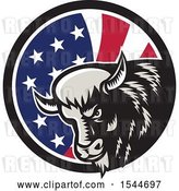 Vector Clip Art of Retro Woodcut Angry Buffalo Bison Head in an American Flag Circle by Patrimonio