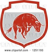 Vector Clip Art of Retro Woodcut Angry Red Bull in a Gray Shield by Patrimonio