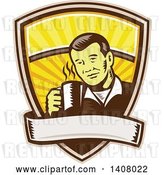 Vector Clip Art of Retro Woodcut Asian Guy Holding a Hot Cup of Coffee, Emerging from a Shield with a Banner by Patrimonio