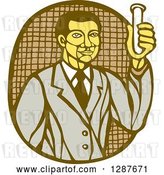 Vector Clip Art of Retro Woodcut Asian Male Scientist Holding a Test Tube by Patrimonio