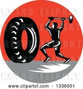 Vector Clip Art of Retro Woodcut Athlete Swinging a Sledgehammer at a Giant Tire in a Red and Gray Circle by Patrimonio