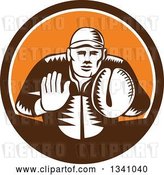 Vector Clip Art of Retro Woodcut Baseball Player Catcher in a Brown White and Orange Circle by Patrimonio