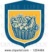 Vector Clip Art of Retro Woodcut Basket of Fruit and Bread in a Blue and Yellow Shield by Patrimonio