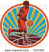 Vector Clip Art of Retro Woodcut Basketball Player Dribbling over a Sunny Circle by Patrimonio