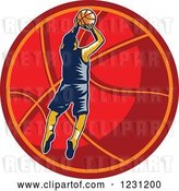 Vector Clip Art of Retro Woodcut Basketball Player Jumping over a Red Ball by Patrimonio