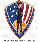 Vector Clip Art of Retro Woodcut Basketball Player Slam Dunking over an American Shield by Patrimonio