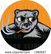 Vector Clip Art of Retro Woodcut Black Bear Wearing Shades and Smoking a Cigar in an Orange Circle by Patrimonio