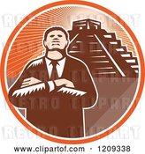 Vector Clip Art of Retro Woodcut Black Business Man with Folded Arms over a Pyramid in an Orange Sunny Circle by Patrimonio