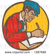 Vector Clip Art of Retro Woodcut Black Male Journalist Writing in a Brown and Yellow Circle by Patrimonio
