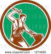 Vector Clip Art of Retro Woodcut Blacksmith Hammering in a Brown White and Green Circle by Patrimonio