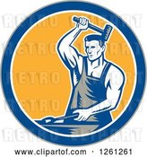 Vector Clip Art of Retro Woodcut Blacksmith Hammering in a Gray Blue White and Yellow Circle by Patrimonio