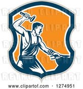 Vector Clip Art of Retro Woodcut Blacksmith Hammering in a Taupe Blue White and Orange Shield by Patrimonio