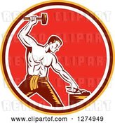 Vector Clip Art of Retro Woodcut Blacksmith Hammering in a Yellow Brown White and Red Circle by Patrimonio