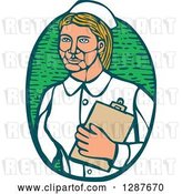 Vector Clip Art of Retro Woodcut Blond White Female Nurse Holding a Cliboard in a Green Oval by Patrimonio