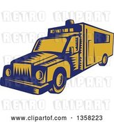 Vector Clip Art of Retro Woodcut Blue and Yellow Ambulance by Patrimonio