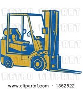 Vector Clip Art of Retro Woodcut Blue and Yellow Forklift by Patrimonio