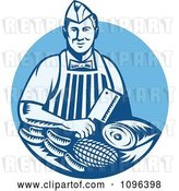 Vector Clip Art of Retro Woodcut Blue Butcher Holding a Cleaver Knife over Meats by Patrimonio