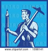 Vector Clip Art of Retro Woodcut Blue Draftsman Architect Holding a Large Pencil and T-Square by Patrimonio
