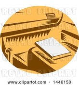 Vector Clip Art of Retro Woodcut Book on a Passenger Seat of a Car in a Brown White and Orange Oval by Patrimonio