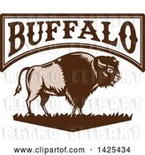 Vector Clip Art of Retro Woodcut Brown and Tan American Bison on Grass Under Buffalo Text by Patrimonio