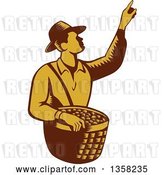 Vector Clip Art of Retro Woodcut Brown and Yellow Male Farm Fruit Picker Worker Pointing and Holding a Basket by Patrimonio