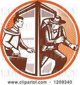 Vector Clip Art of Retro Woodcut Business Man Changing to an Explorer in a Phone Booth in an Orange Sunny Circle by Patrimonio