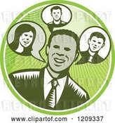 Vector Clip Art of Retro Woodcut Business Man in a Green Sunny Circle by Patrimonio