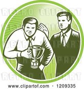 Vector Clip Art of Retro Woodcut Business Man Receiving a Trophy from His Boss in a Green Sunny Circle by Patrimonio