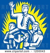Vector Clip Art of Retro Woodcut Business Man Waving and Being Carried by Colleagues on Blue by Patrimonio