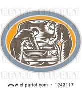Vector Clip Art of Retro Woodcut Car Mechanics Working on an Engine in an Oval by Patrimonio