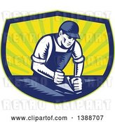 Vector Clip Art of Retro Woodcut Carpenter Wearing a Hat and Overalls, Working with a Smooth Plane on a Wood Surface in a Blue Green and Yellow Shield by Patrimonio