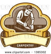 Vector Clip Art of Retro Woodcut Carpenter Wearing a Hat and Overalls, Working with a Smooth Plane on a Wood Surface Inside a Clover Leaf Design with a Blank Banner and Text by Patrimonio