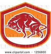 Vector Clip Art of Retro Woodcut Charging Angry Bison in a Red White and Orange Shield by Patrimonio