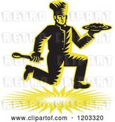 Vector Clip Art of Retro Woodcut Chef Running with a Plate and Spoon by Patrimonio