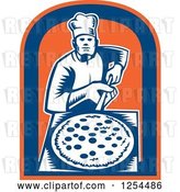 Vector Clip Art of Retro Woodcut Chef with a Pizza on a Peel in a Blue and Orange Shield by Patrimonio