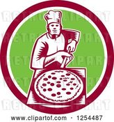 Vector Clip Art of Retro Woodcut Chef with a Pizza on a Peel in a Green and Red Circle by Patrimonio