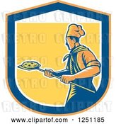 Vector Clip Art of Retro Woodcut Chef with a Pizza on a Peel Inside a Shield by Patrimonio