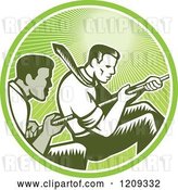 Vector Clip Art of Retro Woodcut Competitive Business Men Working Together in a Tug of War in a Green Sunny Circle by Patrimonio