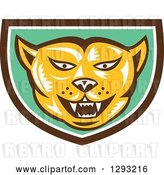 Vector Clip Art of Retro Woodcut Cougar Puma Mountain Lion Head in a Brown White and Green Shield by Patrimonio