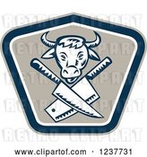 Vector Clip Art of Retro Woodcut Cow over Crossed Butcher Knives in a Shield by Patrimonio
