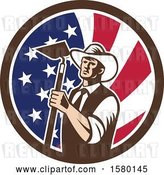 Vector Clip Art of Retro Woodcut Cowboy Farmer Holding a Hoe in an American Flag Circle by Patrimonio