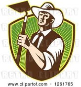 Vector Clip Art of Retro Woodcut Cowboy Farmer Holding a Hoe over a Shield of Green Rays by Patrimonio