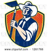 Vector Clip Art of Retro Woodcut Cowboy Farmer Holding a Hoe over a Shield of Rays by Patrimonio
